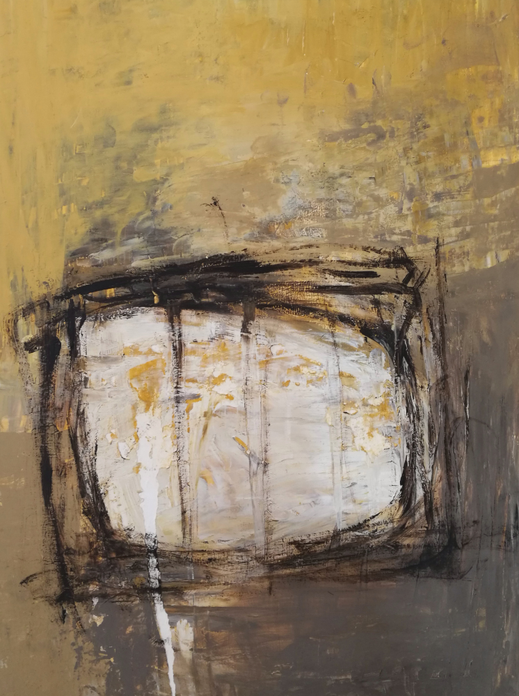 Abstract acrylic and oil‑bar painting on paper featuring a central off‑white and yellow rectangular form surrounded by dark, gestural strokes. The background is layered with muted yellows, browns, and greys, with visible scraping and textured brushwork creating a sense of depth and movement.