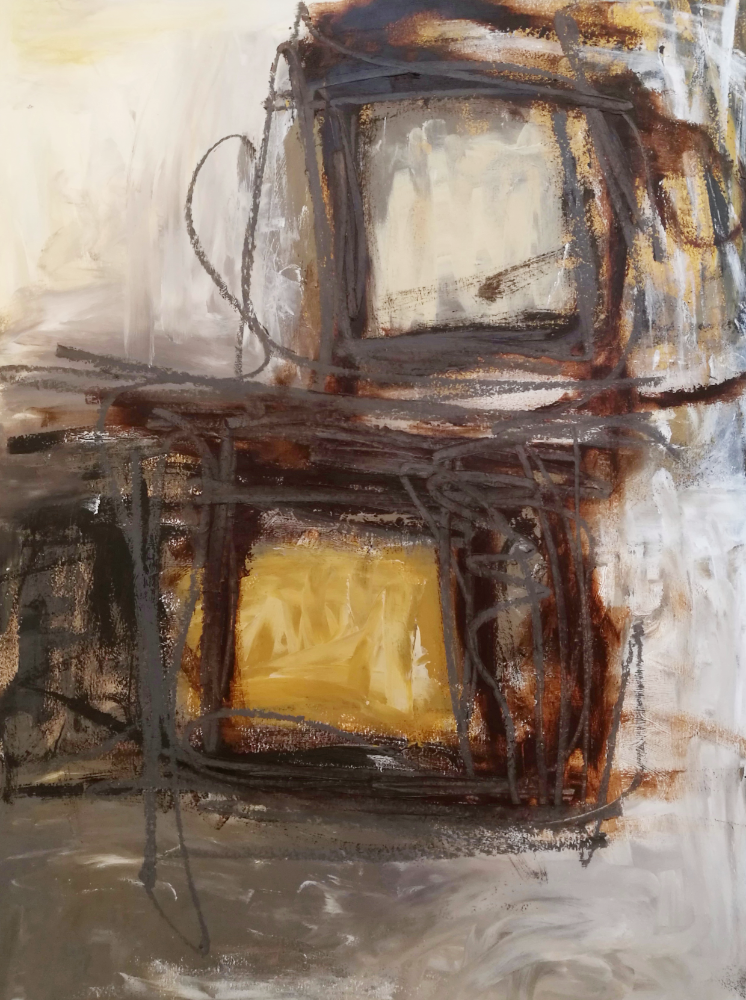 Abstract acrylic and oil‑bar painting on paper with two stacked rectangular forms outlined in dark lines. The upper shape is filled with muted cream and grey, and the lower with bright yellow. Loose, looping dark strokes cross the composition, set against layered earthy tones of brown, ochre, grey, and white.