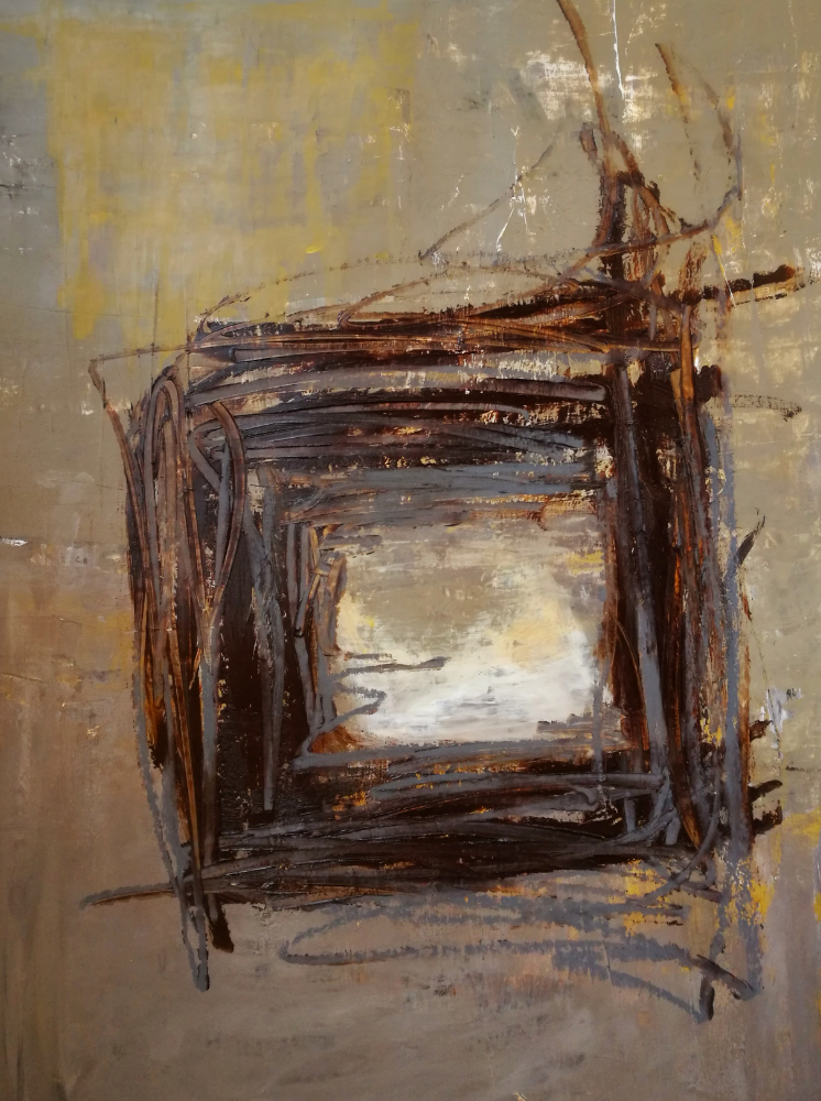 Abstract acrylic and oil‑bar painting on paper with a dark, square‑like form made of layered brown, black, and grey strokes at the centre. The background is a muted mix of beige, grey, and yellow with scraped, textured areas that contrast the dense central structure.