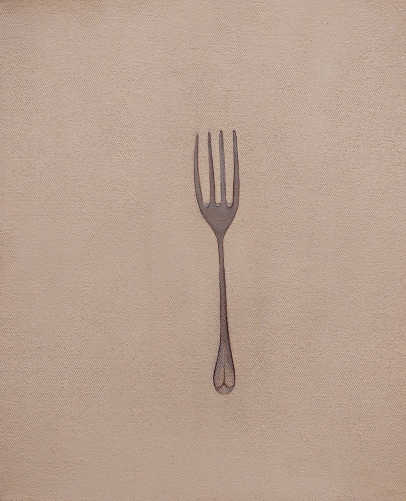 Acrylic painting on canvas showing a single metal fork positioned vertically against a textured buff titanium background. The fork is centered and crisply rendered, standing out against the minimal, softly toned surface.