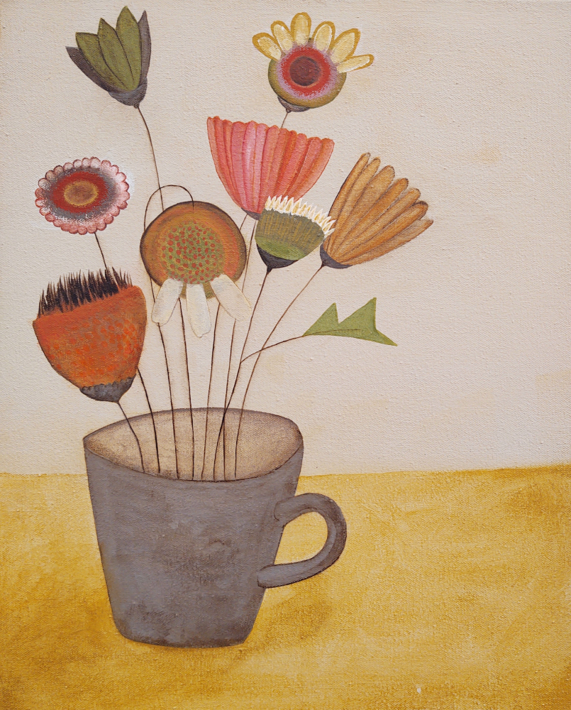 Acrylic painting on canvas depicting a stylized bouquet of abstract flowers arranged in a grey ceramic mug. The flowers vary in colour, shape, and texture, set against a soft buff titanium background and a warm ochre yellow tabletop.