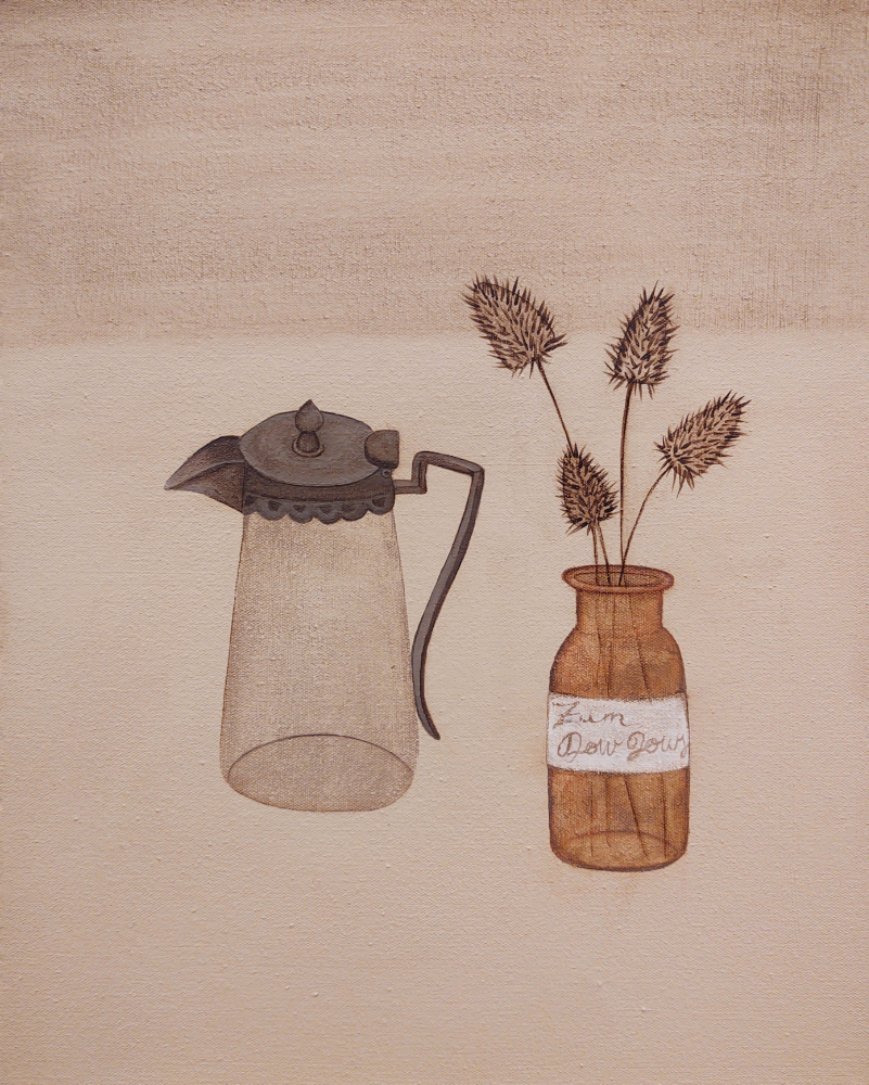 Acrylic painting on canvas featuring a transparent coffee pot with a dark lid beside a brown glass bottle holding dried, spiky stems. The bottle has a white label with cursive text, and both objects sit against a warm buff‑titanium gradient background.