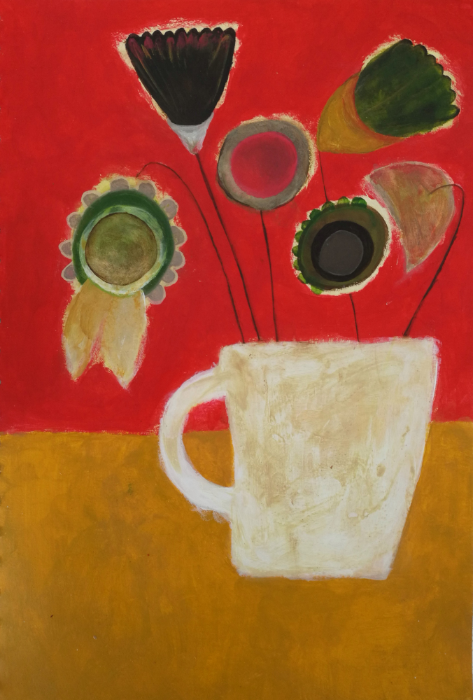 Acrylic painting on paper showing a white mug on an ochre yellow surface against a bright, cadmium red background. Six stylized flowers with abstract circular and petal‑like forms rise from the mug on thin black stems, rendered in bold colours including green, black, red, and yellow.