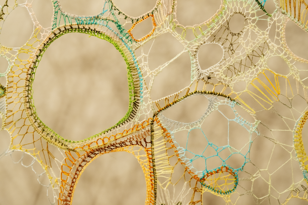 Detail showing two large ring voids side by side. The left ring has a multi-layered border in dark brown-black, green, and amber with a fine radiating inner fringe, giving it a heavily ornamented, almost architectural quality. The right ring below it is outlined in orange transitioning to dark brown-black, with a similar ridged texture. Between and around them the open white net ground is visible, with smaller forms in teal, yellow, and orange. A teal-filled hexagonal mesh patch appears at lower right.